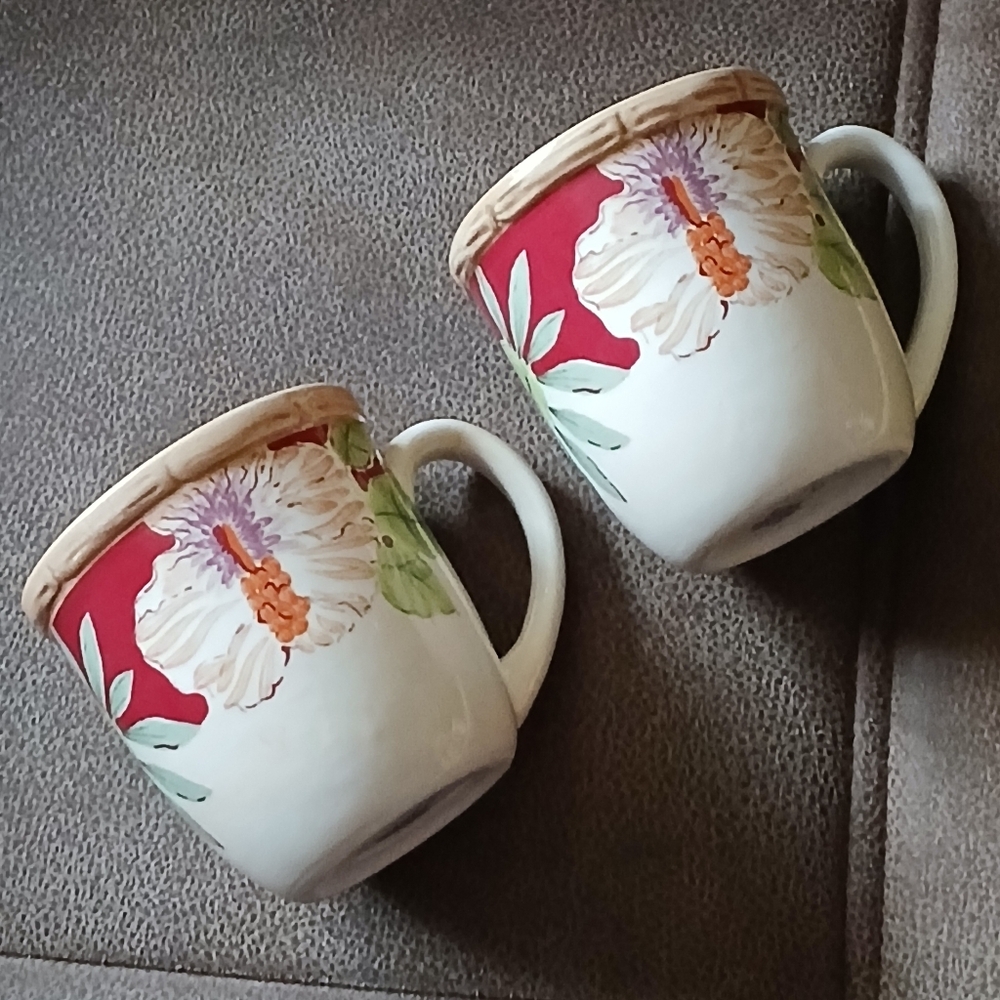 Home Trends Hibiscus And Bamboo Design Mugs Burgundy, Green And Cream